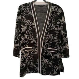 Ming Wang Medium Black White Fleur de Lis Paisley Long Knit Cardigan Sweater